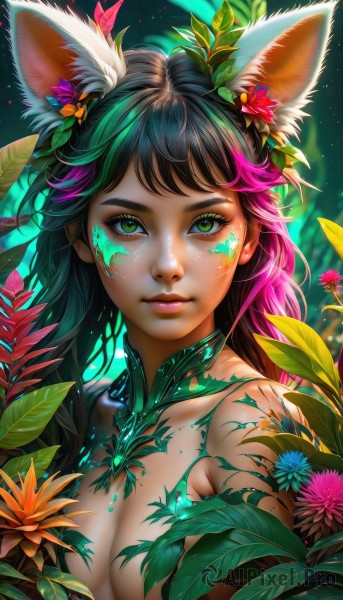 1girl,solo,long hair,breasts,looking at viewer,bangs,large breasts,black hair,hair ornament,animal ears,cleavage,medium breasts,closed mouth,green eyes,upper body,pink hair,purple hair,flower,nude,multicolored hair,green hair,artist name,cat ears,signature,hair flower,blurry,two-tone hair,lips,animal ear fluff,fox ears,eyelashes,gradient hair,makeup,leaf,watermark,facial mark,plant,lipstick,web address,eyeshadow,freckles,pink lips,realistic,nose,eyeliner,facepaint,orange flower,mascara,bare shoulders,jewelry,collarbone,earrings,nature,light particles,extra ears