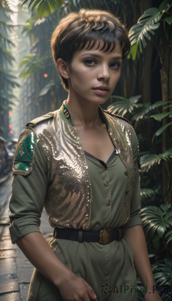 1girl,solo,breasts,looking at viewer,short hair,blue eyes,brown hair,black hair,cleavage,standing,collarbone,jacket,cowboy shot,small breasts,outdoors,parted lips,day,belt,dark skin,blurry,black eyes,dark-skinned female,tree,lips,buttons,blurry background,leaf,sunlight,plant,buckle,sleeves rolled up,freckles,black belt,realistic,nose,very short hair,dappled sunlight,dirty,dirty face,bangs,nature,green shirt