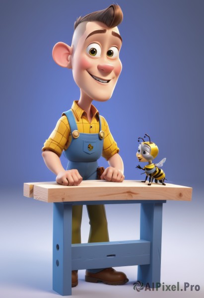 blush,smile,open mouth,brown hair,shirt,1boy,brown eyes,full body,male focus,multiple boys,wings,shoes,teeth,collared shirt,2boys,blue background,brown footwear,table,bug,yellow shirt,antennae,overalls,buck teeth,solo,looking at viewer,simple background,animal ears,standing,:d,pants,plaid,crossover,sleeves rolled up,realistic,plaid shirt