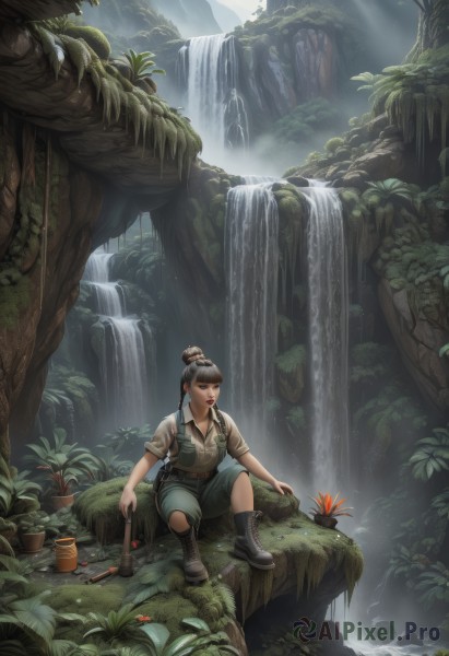 1girl,solo,breasts,bangs,shirt,black hair,sitting,ponytail,weapon,flower,short sleeves,boots,outdoors,shorts,day,collared shirt,belt,blunt bangs,water,hair bun,black footwear,tree,lips,wet,gun,makeup,sunlight,single hair bun,plant,lipstick,wet clothes,nature,scenery,sleeves rolled up,cross-laced footwear,forest,knee up,light rays,rock,lace-up boots,sunbeam,green shorts,river,waterfall,moss,tree stump,log,stream,long hair,grey hair,wrench