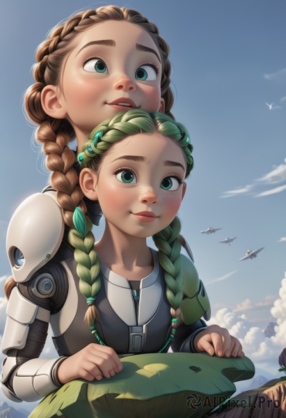 long hair,blush,smile,multiple girls,brown hair,2girls,green eyes,braid,multicolored hair,outdoors,parted lips,green hair,sky,day,artist name,cloud,necklace,armor,twin braids,blue sky,lips,bird,siblings,leaf,looking up,sisters,child,hair over shoulder,freckles,aircraft,nose,biting,mechanical arms,cyborg,single mechanical arm,lip biting,prosthetic arm,1girl,looking at viewer,hair ornament,long sleeves,closed mouth,upper body,teeth,signature,cloudy sky,aged down,mountain,dirty