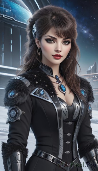 1girl,solo,long hair,breasts,looking at viewer,brown hair,hair ornament,cleavage,brown eyes,jewelry,medium breasts,upper body,earrings,outdoors,parted lips,sky,belt,necklace,lips,coat,fur trim,makeup,night,lipstick,gauntlets,gem,star (sky),night sky,pendant,eyeshadow,starry sky,red lips,bangs,jacket,black jacket,realistic