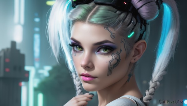 1girl,solo,looking at viewer,twintails,jewelry,green eyes,braid,white hair,multicolored hair,earrings,artist name,hair bun,nail polish,blurry,twin braids,two-tone hair,lips,double bun,tattoo,makeup,blurry background,facial mark,lipstick,goggles,portrait,black nails,eyeshadow,goggles on head,realistic,nose,stud earrings,cyborg,mascara,cyberpunk,long hair,parted lips,fingernails,eyelashes,depth of field,watermark,web address,pink lips,eyeliner,alternate hair color,facial tattoo,purple lips