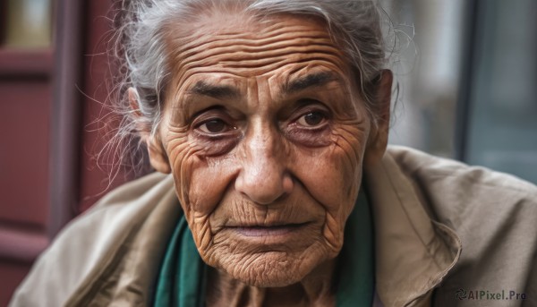 solo,looking at viewer,shirt,1boy,closed mouth,upper body,white hair,grey hair,male focus,indoors,blurry,black eyes,depth of field,blurry background,messy hair,portrait,realistic,labcoat,old,old man,old woman,wrinkled skin,artist name,signature,lips,coat,grey eyes,facial hair,scar,brown coat