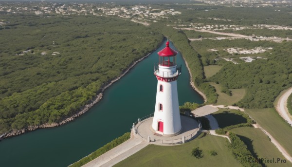 outdoors,day,water,tree,no humans,shadow,from above,grass,building,nature,scenery,forest,road,architecture,bridge,river,castle,tower,landscape,lake,path,ocean,city,shore,lighthouse