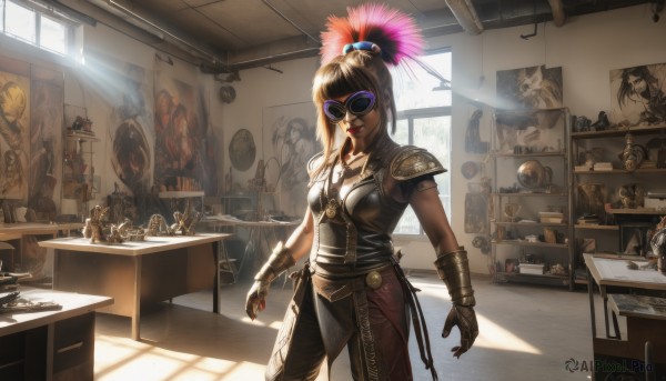 1girl,solo,long hair,breasts,looking at viewer,bangs,blonde hair,brown hair,hair ornament,gloves,jewelry,medium breasts,standing,weapon,cowboy shot,sleeveless,day,belt,pants,sword,indoors,fingerless gloves,necklace,armor,lips,window,makeup,chair,table,sunlight,sunglasses,feathers,lipstick,shoulder armor,pauldrons,light rays,red lips,feather hair ornament,leather,tinted eyewear,shoulder pads,shelf,sidelocks,hair bun,single hair bun,goggles,breastplate,realistic,vambraces