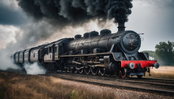 outdoors,sky,day,cloud,tree,military,no humans,cloudy sky,grass,ground vehicle,motor vehicle,smoke,cannon,military vehicle,tank,vehicle focus,caterpillar tracks,world war ii,railroad tracks,weapon,gun,nature,machine gun