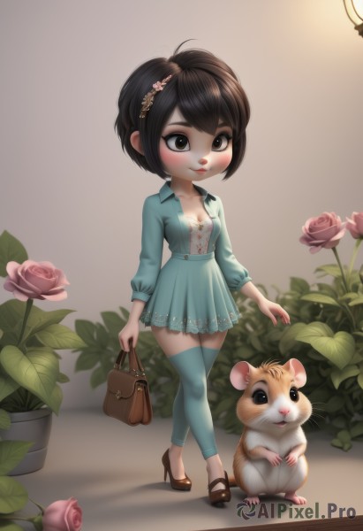 1girl,solo,breasts,blush,smile,short hair,brown hair,black hair,hair ornament,thighhighs,long sleeves,dress,holding,cleavage,brown eyes,standing,full body,flower,small breasts,shoes,artist name,hair flower,bag,black eyes,lips,blue dress,rose,animal,brown footwear,cat,plant,pink flower,walking,handbag,blue thighhighs,potted plant,pink rose,looking at viewer,medium breasts,pants,high heels,crossed legs,holding bag,mouse