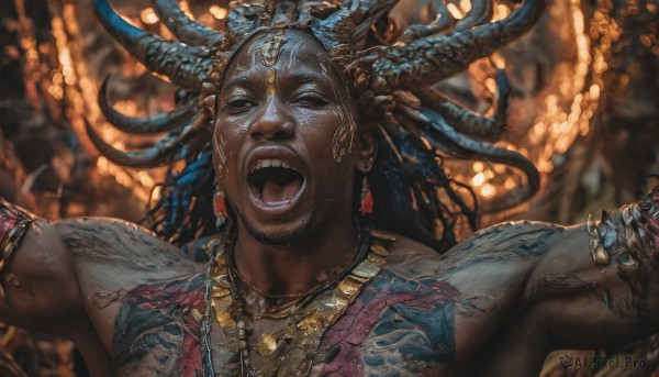 solo,long hair,looking at viewer,open mouth,black hair,1boy,jewelry,blue hair,upper body,male focus,earrings,horns,teeth,tongue,dark skin,necklace,blurry,black eyes,tattoo,blurry background,dark-skinned male,outstretched arms,armlet,realistic,spread arms,arm tattoo,very dark skin,dreadlocks,bracelet,muscular,colored skin,facial hair,piercing,beard,topless male,headdress,gold