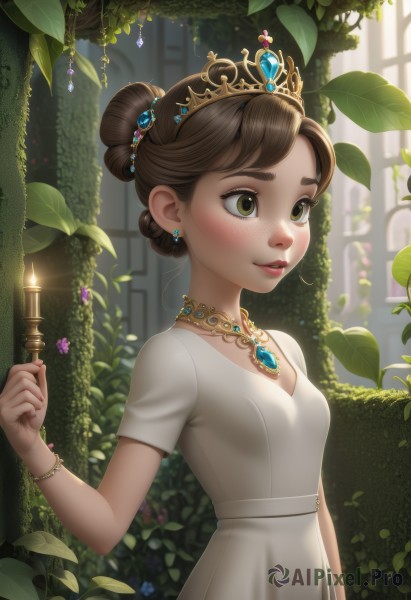 1girl,solo,breasts,blush,smile,short hair,brown hair,hair ornament,dress,holding,brown eyes,jewelry,upper body,flower,short sleeves,earrings,small breasts,parted lips,day,indoors,necklace,hair bun,white dress,bracelet,lips,window,leaf,single hair bun,tiara,crown,plant,gem,freckles,candle,vines,princess,bangs,cleavage,green eyes,artist name