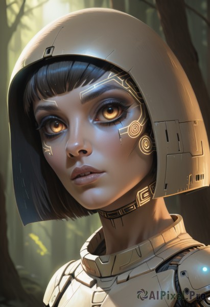 1girl,solo,looking at viewer,short hair,bangs,black hair,brown eyes,yellow eyes,outdoors,parted lips,teeth,artist name,signature,dark skin,blunt bangs,blurry,dark-skinned female,tree,lips,orange eyes,eyelashes,makeup,facial mark,bob cut,helmet,portrait,nature,close-up,forest,science fiction,realistic,nose,android,cyborg,robot joints,cyberpunk,brown hair,hood,tattoo,eyeshadow,eyeliner,facepaint