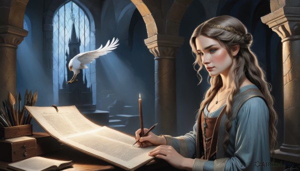 1girl,solo,long hair,breasts,blush,blue eyes,brown hair,long sleeves,dress,holding,cleavage,jewelry,sitting,upper body,braid,indoors,signature,necklace,lips,window,bird,watermark,wavy hair,feathers,french braid,pendant,paper,nose,pen,pillar,writing,quill,dove,inkwell,blonde hair,medium breasts,artist name,dated,book,sunlight,tiara,half updo,light rays,candle,arch,column