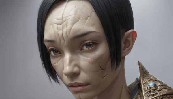 1girl,solo,looking at viewer,short hair,simple background,black hair,brown eyes,parted lips,grey background,armor,lips,shoulder armor,portrait,close-up,pauldrons,realistic,nose