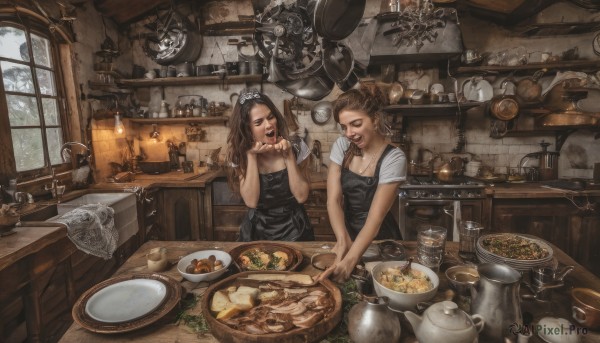 long hair,breasts,smile,open mouth,multiple girls,brown hair,shirt,dress,2girls,cleavage,jewelry,medium breasts,closed eyes,white shirt,ponytail,weapon,short sleeves,food,sword,indoors,apron,cup,window,table,bottle,knife,steam,plate,drinking glass,tray,bowl,spoon,fork,basket,glass,candle,teapot,bread,egg,cooking,ladle,kitchen,frying pan,sink,black apron,kettle,stove,pasta,cutting board,eating,realistic,kitchen knife