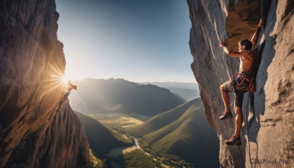 solo,short hair,black hair,1boy,jewelry,male focus,outdoors,sky,shorts,day,from behind,dutch angle,muscular,bird,sandals,sunlight,muscular male,scenery,topless male,mountain,sun,cliff,shoes,dark skin,dark-skinned male,rope,climbing