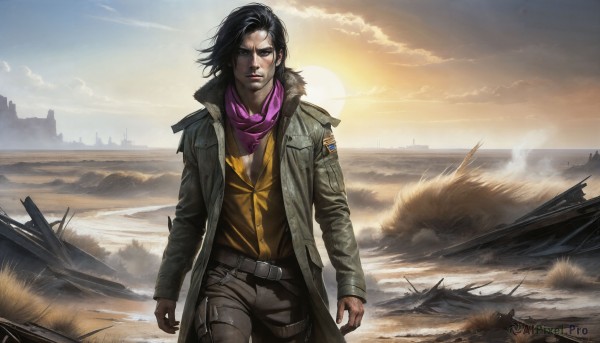 HQ,solo,looking at viewer,blue eyes,shirt,black hair,1boy,jacket,male focus,outdoors,open clothes,sky,belt,pants,cloud,signature,scarf,coat,wind,clenched hands,sunset,realistic,sun,emblem,paradis military uniform,survey corps (emblem),ocean,scenery,landscape