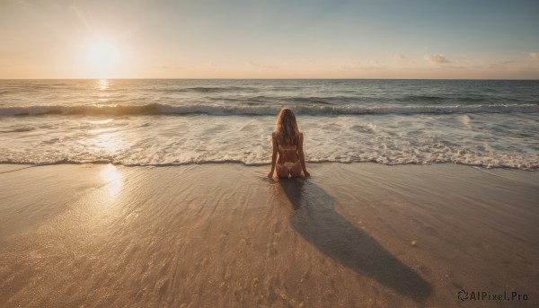 1girl, solo, long hair, skirt, brown hair, shirt, sitting, white shirt, outdoors, sky, barefoot, cloud, water, from behind, ocean, beach, scenery, sunset, sand, horizon, facing away, waves, footprints