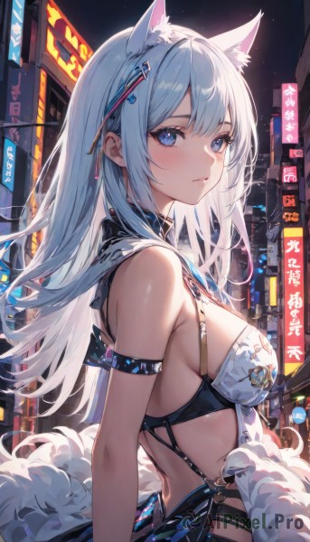 1girl,solo,long hair,breasts,looking at viewer,blush,bangs,blue eyes,large breasts,hair ornament,dress,animal ears,bare shoulders,medium breasts,closed mouth,upper body,white hair,outdoors,sleeveless,cat ears,from side,animal ear fluff,looking to the side,fox ears,sideboob,night,expressionless,building,revealing clothes,extra ears,armlet,city,backless outfit,arm strap,armpit crease,feather boa,tail,sidelocks,parted lips,choker,hairclip,mole,bare arms,mole under eye,fox tail,black choker,fox girl,o-ring,cityscape