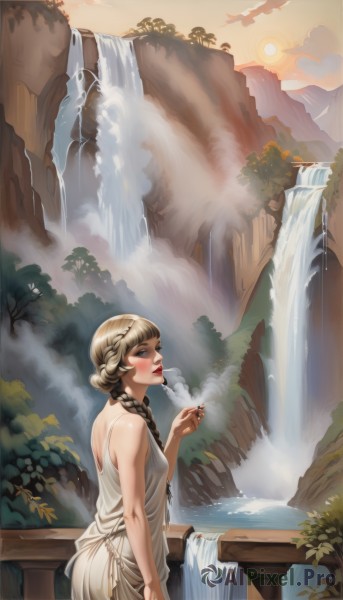 1girl,solo,long hair,breasts,looking at viewer,blush,bangs,blue eyes,blonde hair,brown hair,dress,holding,bare shoulders,braid,small breasts,outdoors,parted lips,sky,sleeveless,cloud,blunt bangs,water,hair bun,white dress,twin braids,from side,tree,lips,makeup,lipstick,steam,nature,hair over shoulder,smoke,cigarette,mountain,nose,railing,sun,smoking,red lips,river,waterfall,holding cigarette,lake,fountain,signature,scenery,sunset,bridge