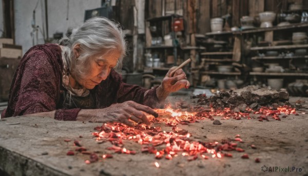 1girl,solo,short hair,long sleeves,1boy,holding,closed mouth,closed eyes,upper body,white hair,grey hair,male focus,indoors,blurry,depth of field,blurry background,facial hair,scar,table,cigarette,old,old man,holding cigarette,old woman,wrinkled skin,smile,gloves,food,sweater,petals,looking down,fire,beard,realistic,candle