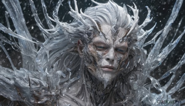 solo,long hair,looking at viewer,blue eyes,1boy,closed mouth,closed eyes,upper body,white hair,male focus,pointy ears,armor,lips,facial hair,shoulder armor,portrait,beard,snow,pauldrons,ice,snowing,old,half-closed eyes,realistic,skeleton