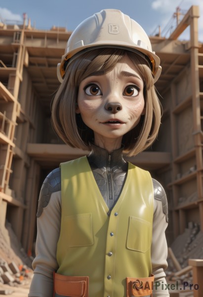 1girl,solo,looking at viewer,smile,short hair,brown hair,shirt,brown eyes,upper body,outdoors,parted lips,sky,teeth,day,artist name,cloud,medium hair,blurry,vest,blue sky,lips,depth of field,blurry background,helmet,building,zipper,freckles,pocket,realistic,dirty,dirty face,dirty clothes