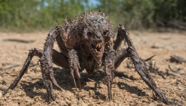 solo,weapon,outdoors,teeth,day,blurry,tree,gun,no humans,depth of field,blurry background,robot,sharp teeth,claws,spikes,science fiction,monster,realistic,extra eyes,alien,dinosaur,open mouth,skull,bone,horror (theme)