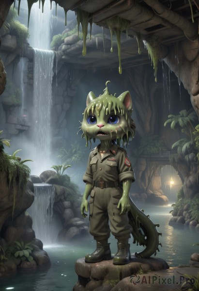 1girl,solo,open mouth,blue eyes,animal ears,standing,tail,boots,outdoors,belt,cat ears,water,uniform,military,military uniform,colored skin,fangs,furry,rock,furry female,furry male,green skin,waterfall,moss,short hair,blonde hair,shirt,1boy,jacket,full body,ahoge,short sleeves,male focus,collared shirt,pants,artist name,signature,black footwear,tree,wet,cat tail,torn clothes,no humans,buttons,cat,grass,looking up,scenery,buckle,pocket,black belt,belt buckle,green shirt,breast pocket,brown pants,cliff,pond,fangs out,kappa