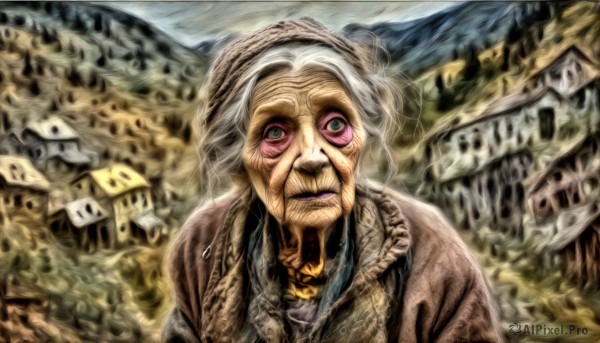 HQ,1girl,solo,looking at viewer,1boy,upper body,white hair,grey hair,male focus,outdoors,makeup,facial hair,parody,building,mountain,house,old,old man,old woman,wrinkled skin,blurry,single hair bun,lipstick,messy hair,horror (theme)