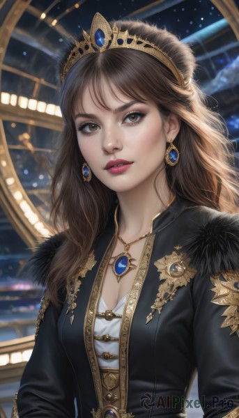 1girl,solo,long hair,breasts,looking at viewer,brown hair,long sleeves,dress,cleavage,brown eyes,jewelry,medium breasts,upper body,earrings,parted lips,necklace,blurry,lips,fur trim,makeup,blurry background,watermark,tiara,crown,gem,pendant,freckles,gold trim,realistic,nose,bangs,jacket,teeth,black jacket,lipstick