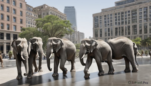 outdoors,sky,day,tree,no humans,animal,building,scenery,reflection,dog,city,realistic,road,street,cow,skyscraper,crosswalk,elephant