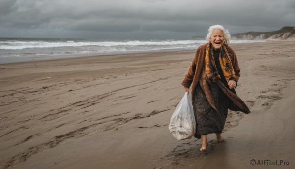 solo,long hair,looking at viewer,smile,long sleeves,1boy,holding,weapon,white hair,grey hair,male focus,outdoors,barefoot,sword,cloud,water,bag,scarf,coat,facial hair,ocean,beach,cloudy sky,beard,walking,sand,holding bag,old,old man,plastic bag,grey sky,footprints,open mouth,standing,full body,japanese clothes,sky,day,robe,waves