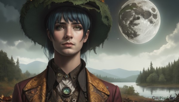 1girl,solo,short hair,bangs,shirt,black hair,hat,brown eyes,jewelry,closed mouth,blue hair,jacket,upper body,outdoors,sky,cloud,water,necklace,tree,lips,night,moon,cloudy sky,brooch,nature,scenery,full moon,forest,freckles,reflection,mountain,realistic,nose,lake,yellow eyes,portrait,star (sky),planet,landscape