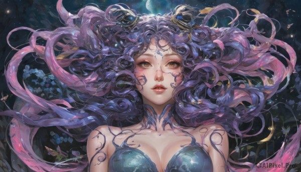 1girl,solo,long hair,breasts,looking at viewer,cleavage,bare shoulders,brown eyes,medium breasts,collarbone,upper body,pink hair,purple hair,flower,multicolored hair,parted lips,horns,artist name,lips,floating hair,facial mark,moon,blue hair,yellow eyes,tattoo