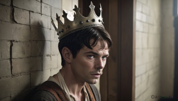 solo,short hair,blue eyes,black hair,1boy,closed mouth,upper body,male focus,indoors,black eyes,lips,shadow,facial hair,crown,portrait,realistic,wall,brick wall,looking at viewer,bangs,shirt,child