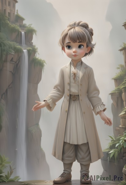 1girl,solo,looking at viewer,short hair,bangs,blue eyes,long sleeves,dress,ribbon,closed mouth,standing,full body,grey hair,outdoors,open clothes,shoes,belt,pants,water,lips,coat,grey eyes,buttons,brown footwear,plant,building,child,open coat,white coat,brown belt,grey pants,waterfall,fountain,blush,brown hair,web address,realistic