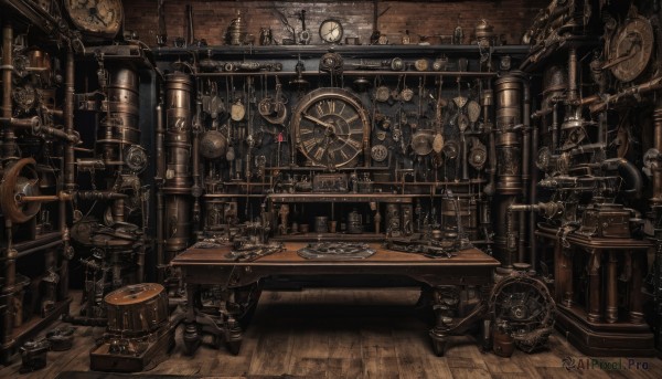 indoors,cup,no humans,chair,table,scenery,wooden floor,clock,gears,barrel,steampunk,crate,weighing scale,telescope,loaded interior,weapon,roman numeral,analog clock