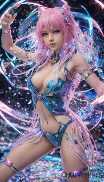 1girl,solo,long hair,breasts,looking at viewer,blue eyes,large breasts,hair ornament,navel,animal ears,cleavage,jewelry,medium breasts,very long hair,underwear,standing,pink hair,cat ears,arm up,bracelet,lips,thigh strap,armlet,realistic,bare shoulders,swimsuit,bikini,cowboy shot,parted lips,armpits,necklace,blurry,gem,magic,thighlet