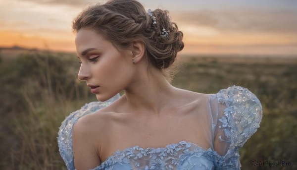 1girl,solo,short hair,brown hair,hair ornament,dress,bare shoulders,jewelry,collarbone,upper body,earrings,outdoors,mole,blurry,lips,see-through,looking to the side,profile,blurry background,blue dress,looking away,freckles,realistic,nose,field,mole on neck,breasts,closed eyes,braid,sky,depth of field,looking down,grass,off-shoulder dress,mole on cheek,mole on body