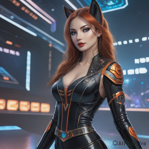 1girl,solo,long hair,breasts,looking at viewer,blue eyes,large breasts,brown hair,animal ears,cleavage,medium breasts,collarbone,parted lips,belt,artist name,cat ears,mole,blurry,lips,mole under eye,bodysuit,makeup,night,blurry background,lipstick,black bodysuit,red lips,jewelry,closed mouth,upper body,red hair,earrings,shiny,signature,orange hair,fake animal ears,skin tight,zipper,shiny clothes,realistic