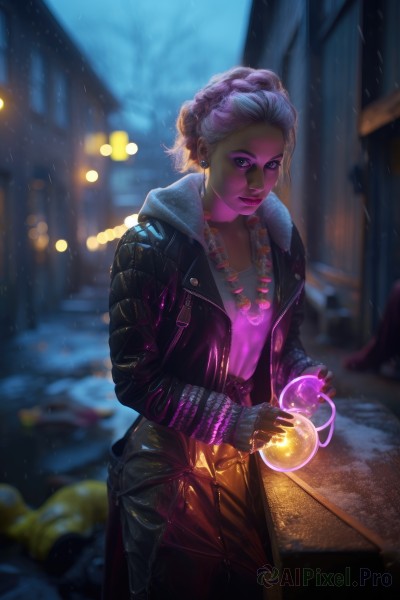 1girl,solo,long hair,breasts,looking at viewer,blonde hair,gloves,holding,jewelry,standing,purple eyes,jacket,braid,white hair,multicolored hair,earrings,outdoors,open clothes,solo focus,pants,dark skin,fingerless gloves,necklace,nail polish,blurry,two-tone hair,open jacket,dark-skinned female,lips,coat,black jacket,fur trim,makeup,alternate hairstyle,night,depth of field,blurry background,glowing,colored skin,denim,lipstick,casual,eyeshadow,rain,hoop earrings,nose,leather,purple skin,hair pulled back,leather jacket,mascara,dreadlocks,short hair,skirt,shirt,long sleeves,closed mouth,purple hair,cowboy shot,artist name,sleeves past wrists,umbrella,watermark,web address,realistic,purple shirt,street,bokeh,purple lips