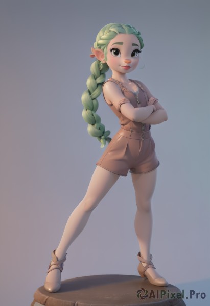 1girl,solo,long hair,looking at viewer,smile,simple background,brown eyes,closed mouth,standing,collarbone,full body,braid,boots,green hair,shorts,sleeveless,pointy ears,artist name,grey background,vest,lips,single braid,crossed arms,zipper,faux figurine,short jumpsuit,white background,jewelry,very long hair,earrings,necklace,gradient,gradient background,tattoo,blue background,brown footwear,braided ponytail,overalls,brown shorts,overall shorts