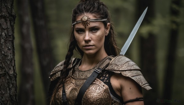 1girl,solo,long hair,looking at viewer,brown hair,black hair,brown eyes,jewelry,upper body,weapon,braid,earrings,parted lips,sword,armor,blurry,black eyes,lips,blurry background,shoulder armor,nature,forest,freckles,pauldrons,circlet,breastplate,realistic,fantasy,dirty,dirty face,chainmail,mole