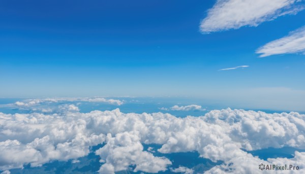 monochrome,outdoors,sky,day,cloud,blue sky,no humans,ocean,cloudy sky,scenery,blue theme,horizon,above clouds,water,fantasy,landscape,very wide shot