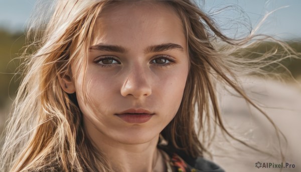 1girl,solo,long hair,looking at viewer,blonde hair,brown hair,brown eyes,closed mouth,outdoors,day,necklace,blurry,lips,floating hair,depth of field,blurry background,wind,portrait,freckles,realistic,nose,sky,eyelashes,thick eyebrows,messy hair,close-up,forehead