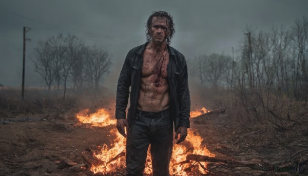 solo,looking at viewer,short hair,black hair,long sleeves,1boy,navel,standing,jacket,male focus,outdoors,open clothes,pants,open jacket,tree,black jacket,blood,muscular,facial hair,scar,black pants,abs,fire,pectorals,ground vehicle,motor vehicle,scar on face,realistic,leather,hair slicked back,chest hair,bare tree,leather jacket,burning,brown hair,sky,denim,facing viewer,beard,jeans,road