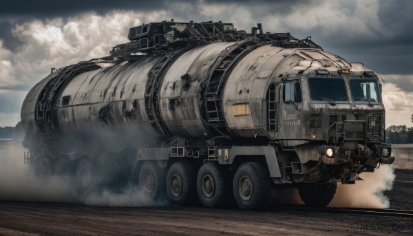 outdoors,sky,day,cloud,military,no humans,cloudy sky,ground vehicle,motor vehicle,smoke,science fiction,military vehicle,tank,vehicle focus,caterpillar tracks,dust,truck,tree,scenery,realistic