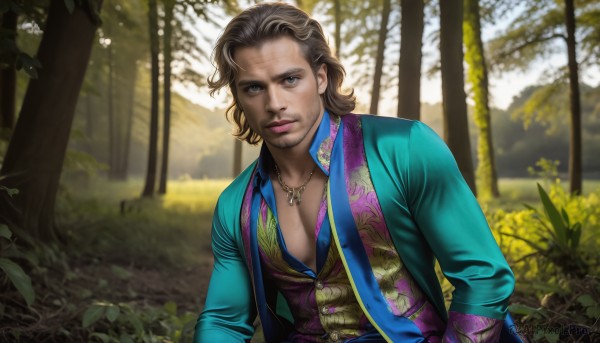 HQ,solo,looking at viewer,blue eyes,brown hair,shirt,long sleeves,1boy,jewelry,closed mouth,jacket,upper body,male focus,outdoors,open clothes,day,medium hair,necklace,blurry,vest,open jacket,tree,lips,open shirt,blurry background,facial hair,plant,nature,beard,forest,realistic,nose,blonde hair,scarf,formal