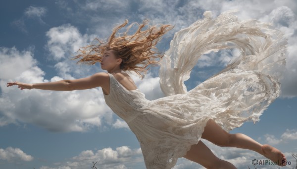 1girl, solo, long hair, open mouth, blonde hair, dress, outdoors, sky, barefoot, day, cloud, signature, white dress, soles, outstretched arms