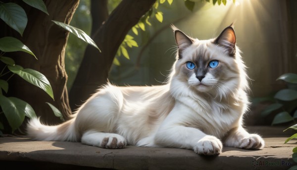 HQ,solo,looking at viewer,blue eyes,closed mouth,full body,outdoors,day,blurry,tree,no humans,animal,leaf,sunlight,cat,plant,nature,forest,light rays,realistic,branch,animal focus,lying,signature,on stomach